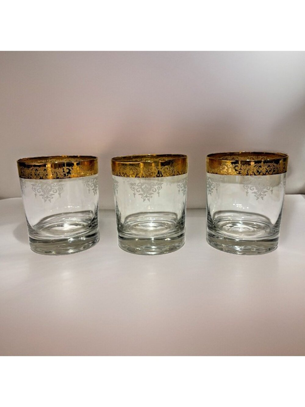 Vintage Italian Cellini Crystal Old Fashion Glasses 24K Gold Rim C9N1 Set of 3